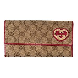 Gucci brown monogram canvas burgundy leather trim heart GG logo wallet